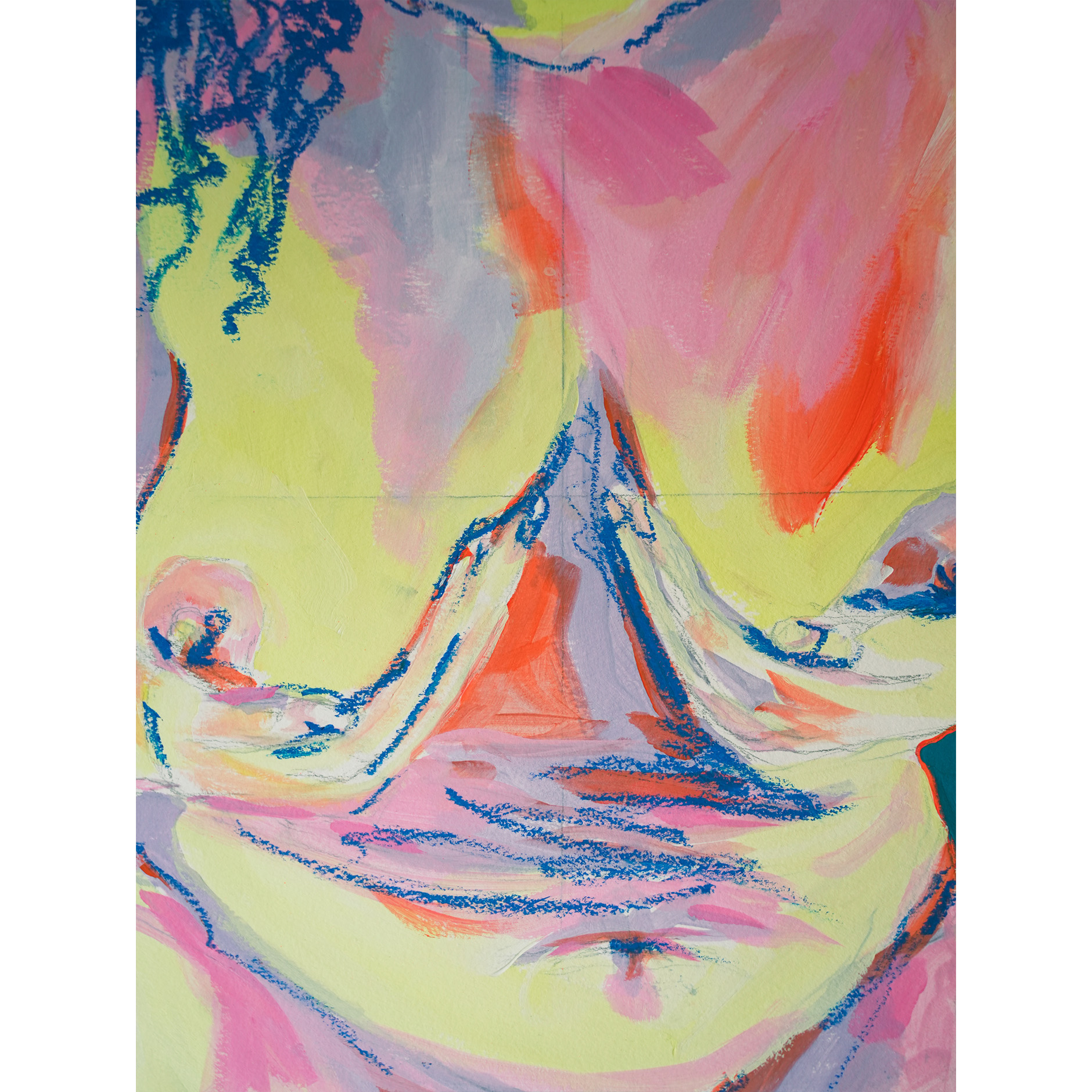 Maison-Soeurs-Noun-Tete-pa-jen-tro-lou-pou-lestomak-peinture-acrylique-et-pastel-a-lhuile-sur-papier-2023-40,5x29,5cm-rose-jaune-bleu