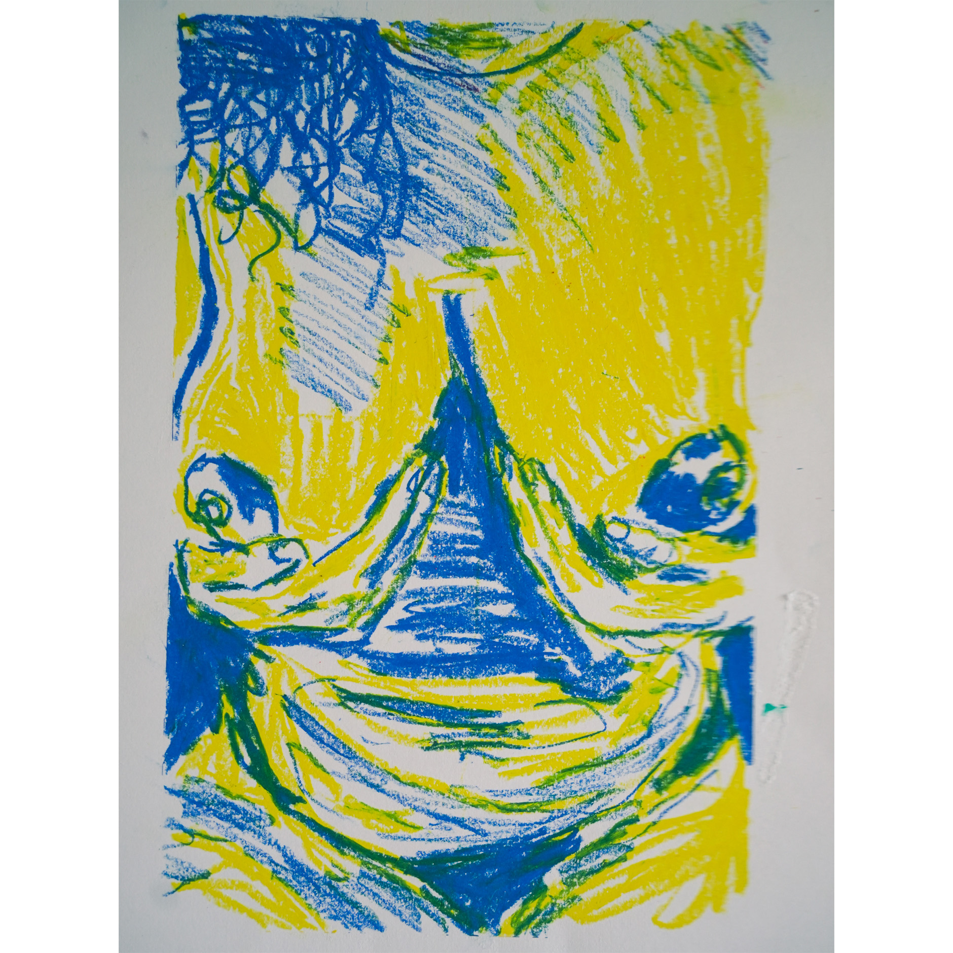 Maison-Soeurs-Noun-Tete-pa-jen-tro-lou-pou-lestomak-peinture-acrylique-et-pastel-a-lhuile-sur-papier-2023-42x29,5cm-bleu-jaune